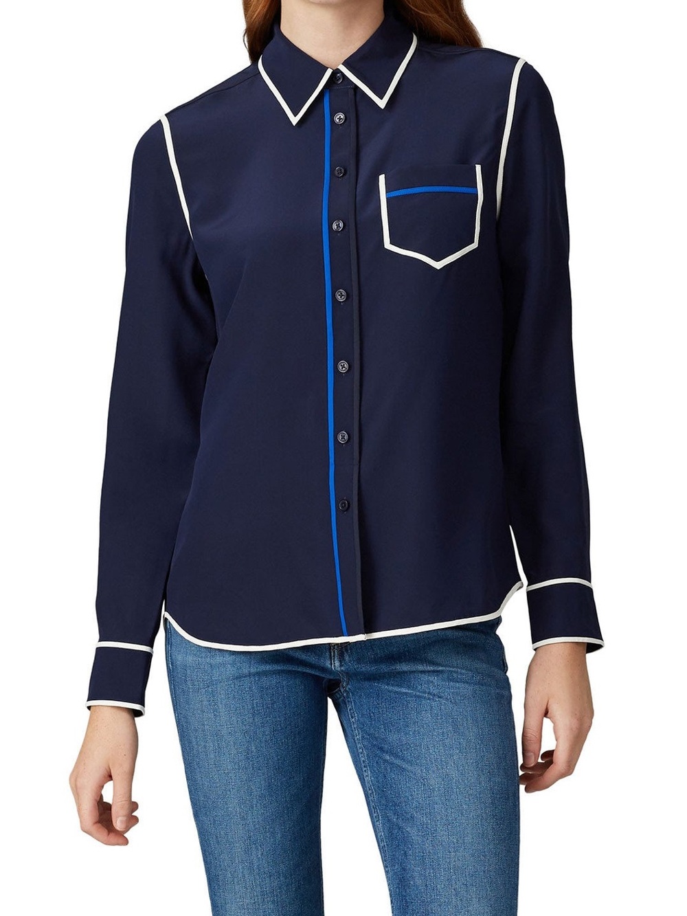 Tory Burch Navy Button-Down Blouse with White Trim and Blue Piping-80% OFF MSRP!